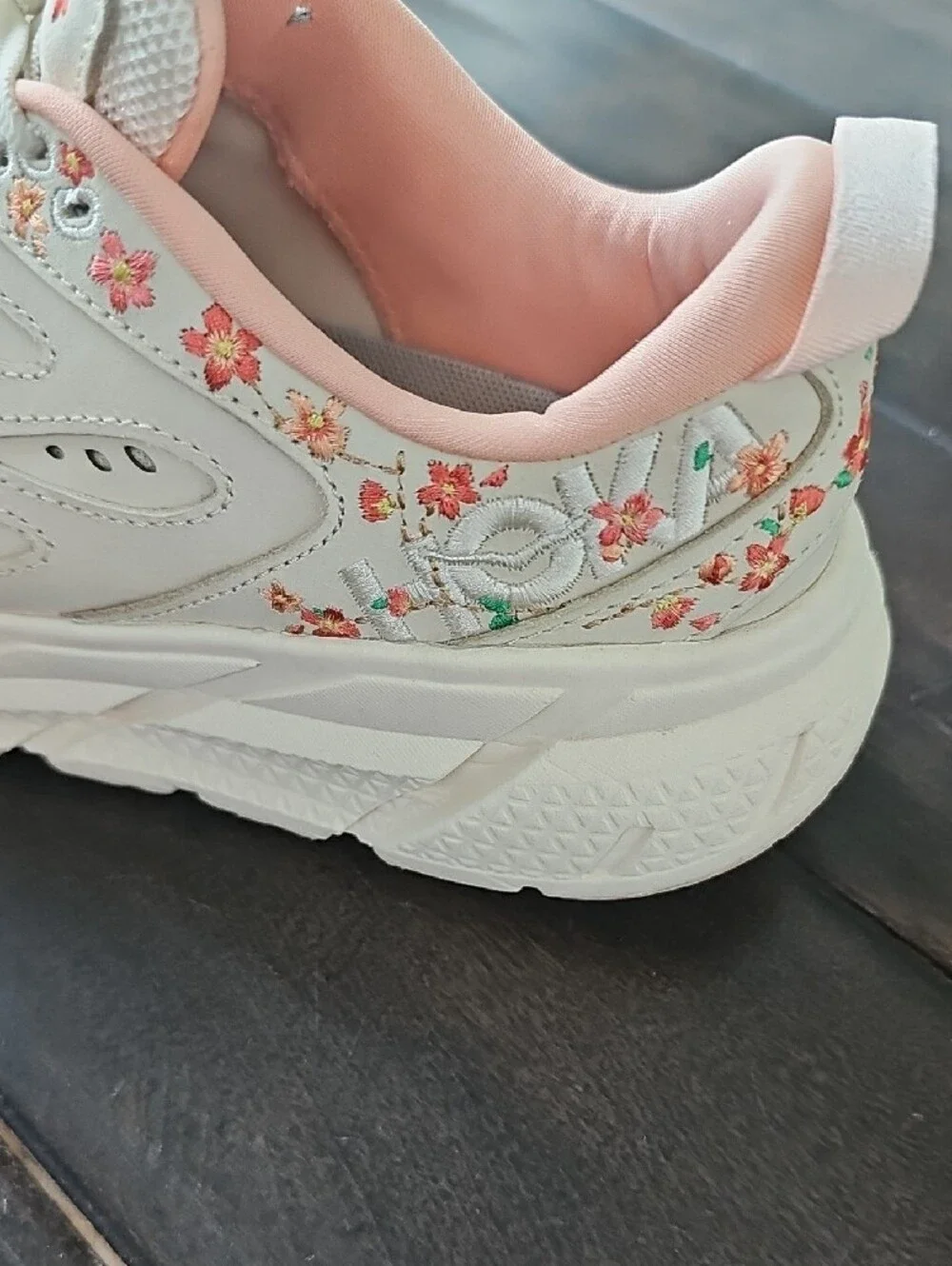 Hoka Women's Cream Athletic Sneakers with Pink/Peach Accents with Floral Details - Picture 3 of 8